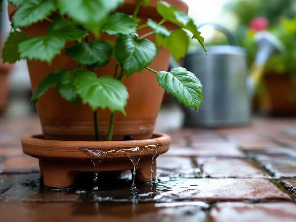Water draining from the drainage hole of a terracotta pot holding a rose, after a thorough watering.