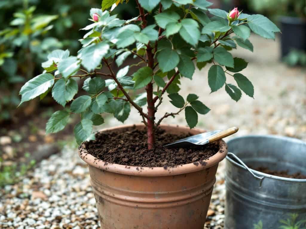A potted rose with a thick layer of dark compost mulch on the soil, kept clear of the stems.