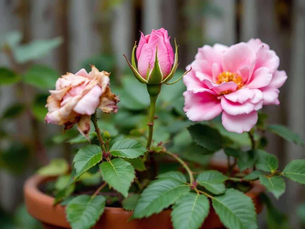 A faded pink rose bloom beside fresh buds on a potted rose, with pruning shears resting on the pot rim.