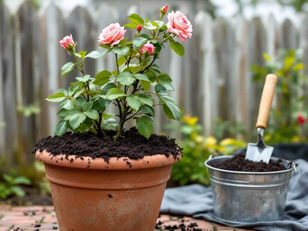 A potted rose with the top layer of compost replaced by fresh dark compost, with a trowel and bucket beside it.