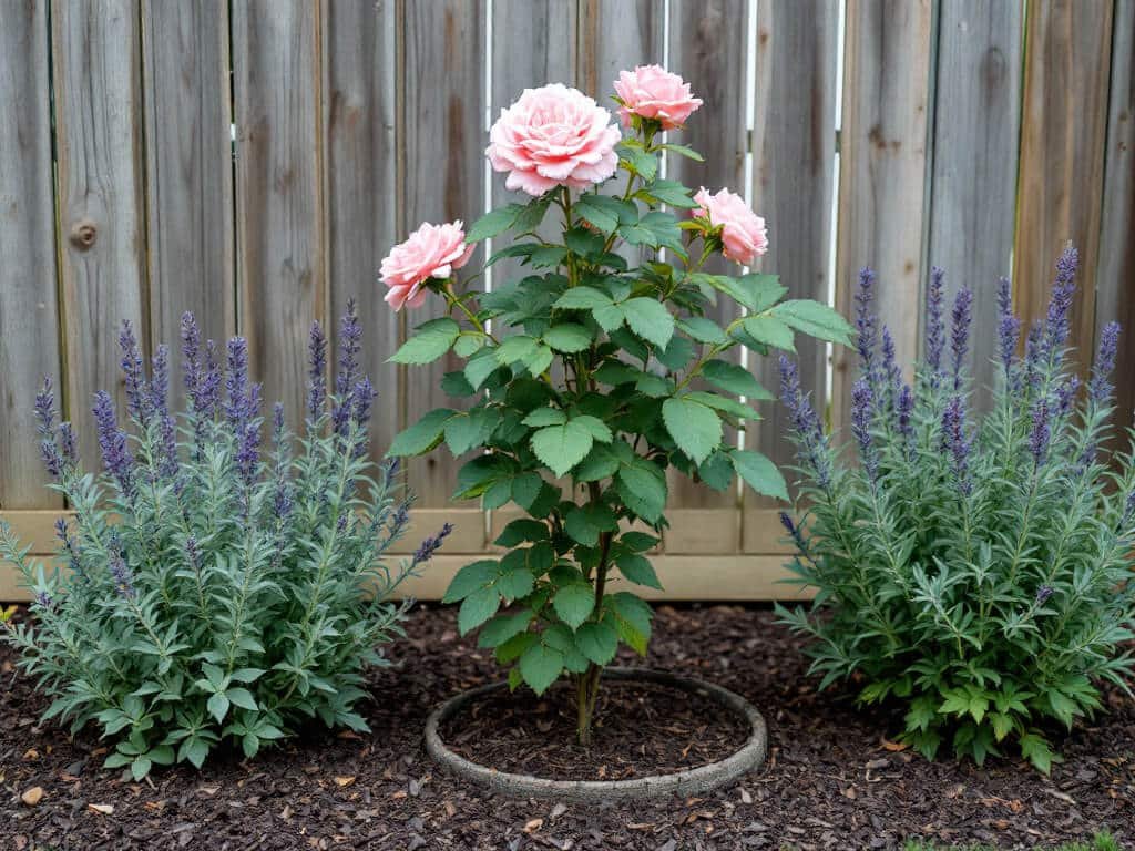 Pink shrub rose growing with catmint and lavender in a mulched home garden border.