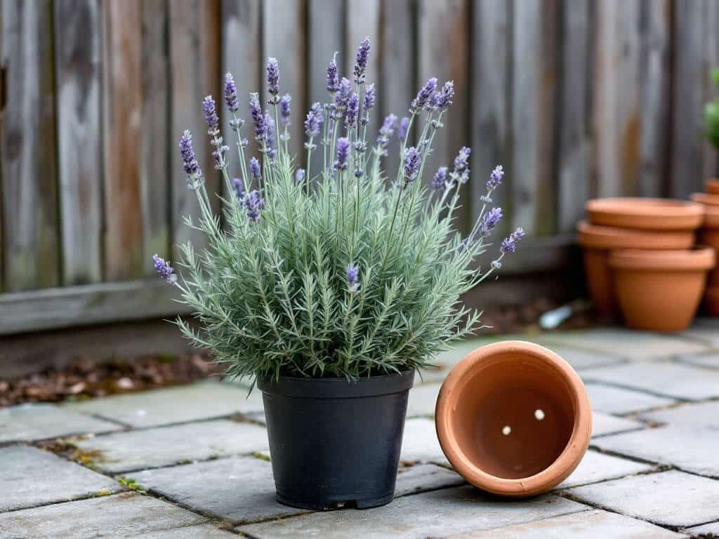 Compact English lavender in a nursery pot beside an empty terracotta pot with a large drainage hole.