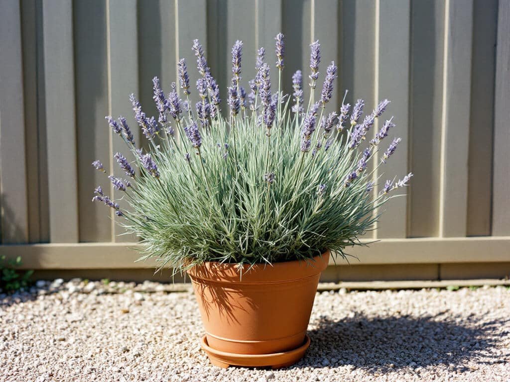 English lavender in a terracotta pot on feet, set on a gravel patio in open morning sun beside a wooden fence.