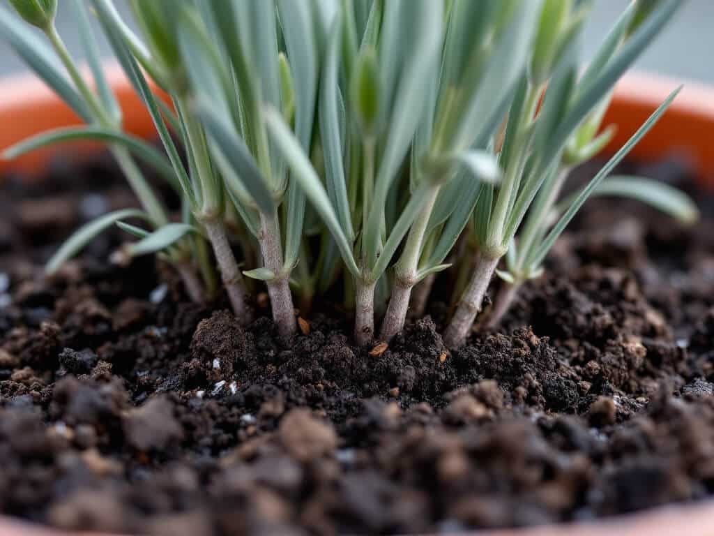 Close-up of a newly potted lavender with its crown level with the gritty potting mix, not buried.