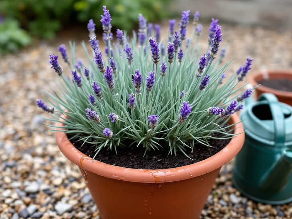 Potted English lavender on feet with water draining from the base and a watering can beside it on a gravel patio.