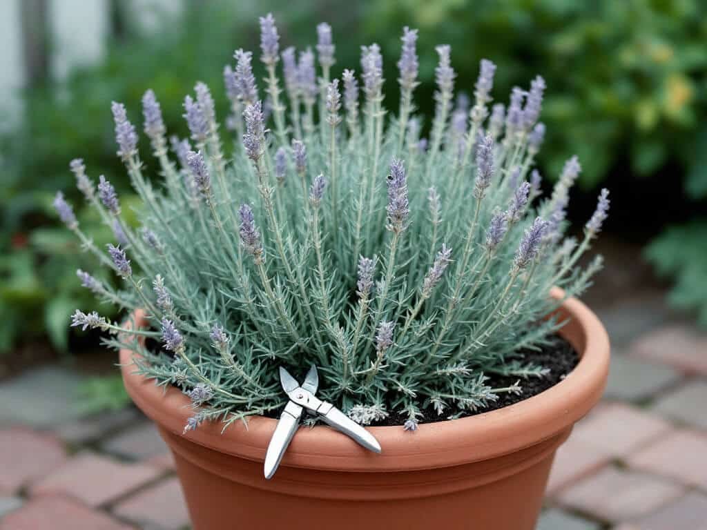 English lavender in a terracotta pot trimmed after flowering, with cut flower stalks and pruners beside it.