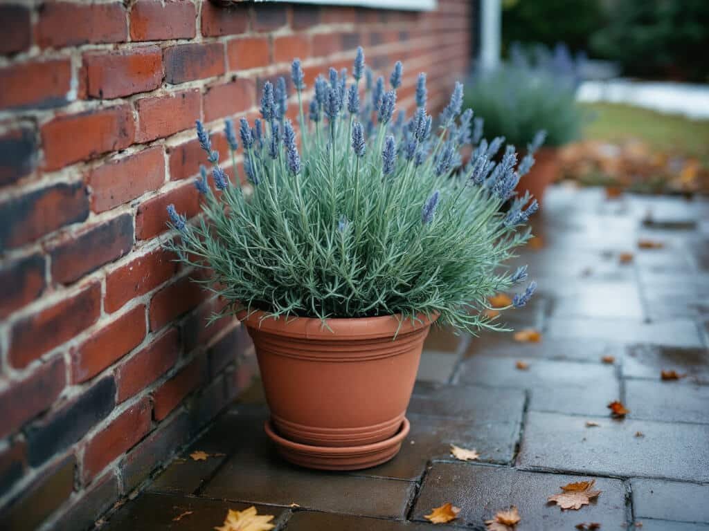 English lavender in a terracotta pot on feet against a brick wall under an eave, sheltered from winter rain.