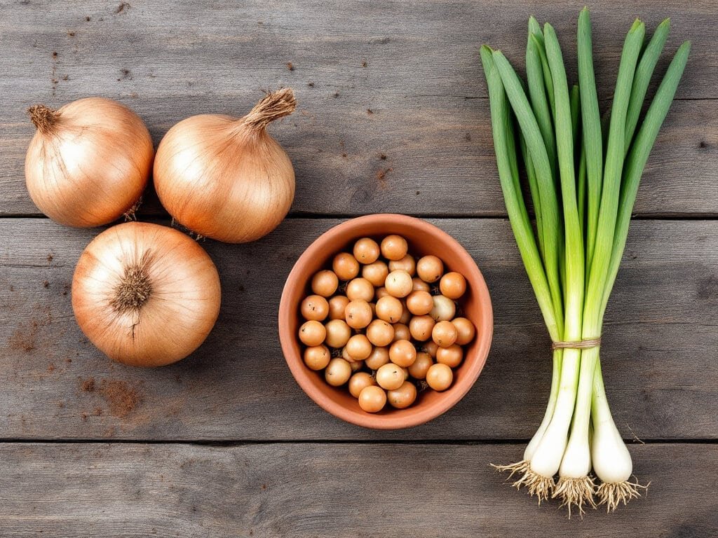 Bulb onions, salad onions, and a dish of onion sets laid out together on an outdoor wooden garden table.