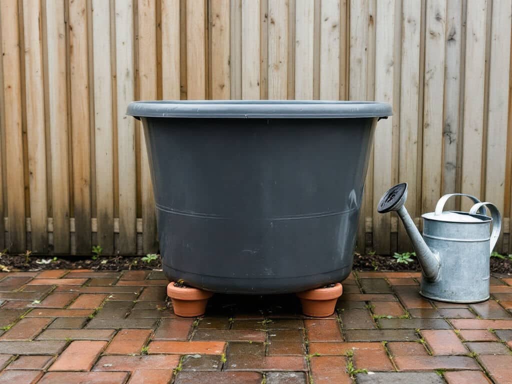 Empty large container raised on pot feet on a brick patio, with water draining from the base, ready for onions.