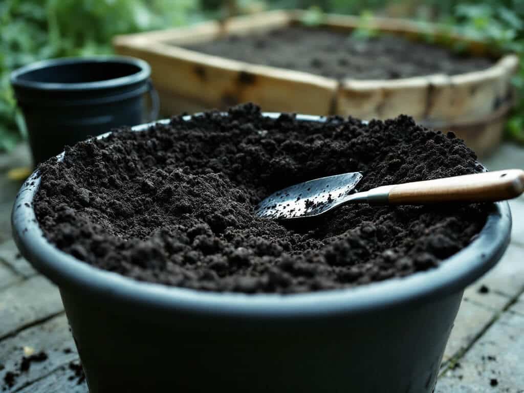 Wide container filled with dark crumbly potting mix on a patio, with a trowel on the rim, ready to plant onions.