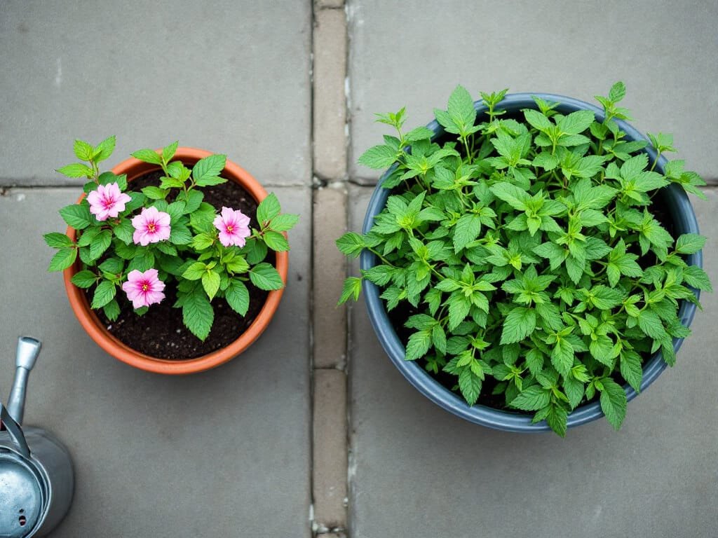 A potted rose and a tub of spreading mint placed side by side in separate containers on a patio.