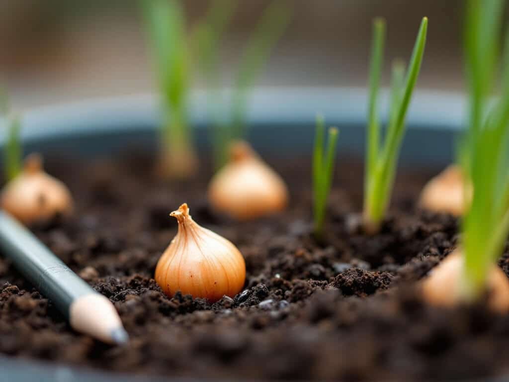 Close view of onion sets planted 3 to 4 inches apart in potting mix, with green shoots just emerging.