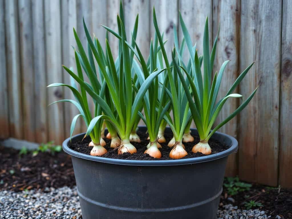 Container of upright blue-green onion plants on an open gravel patio against a wooden fence in morning light.