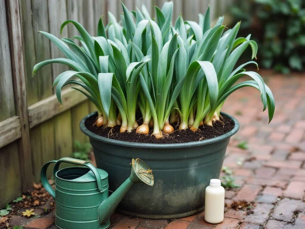 Container of onion plants with moist dark potting mix and wet leaves, with a watering can and fertilizer bottle beside it.