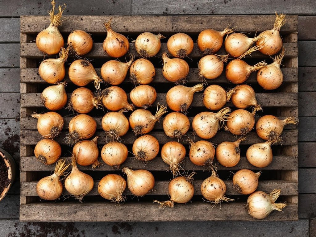 Lifted bulb onions with dried tops curing in a single layer on a slatted wooden rack on an outdoor patio table.