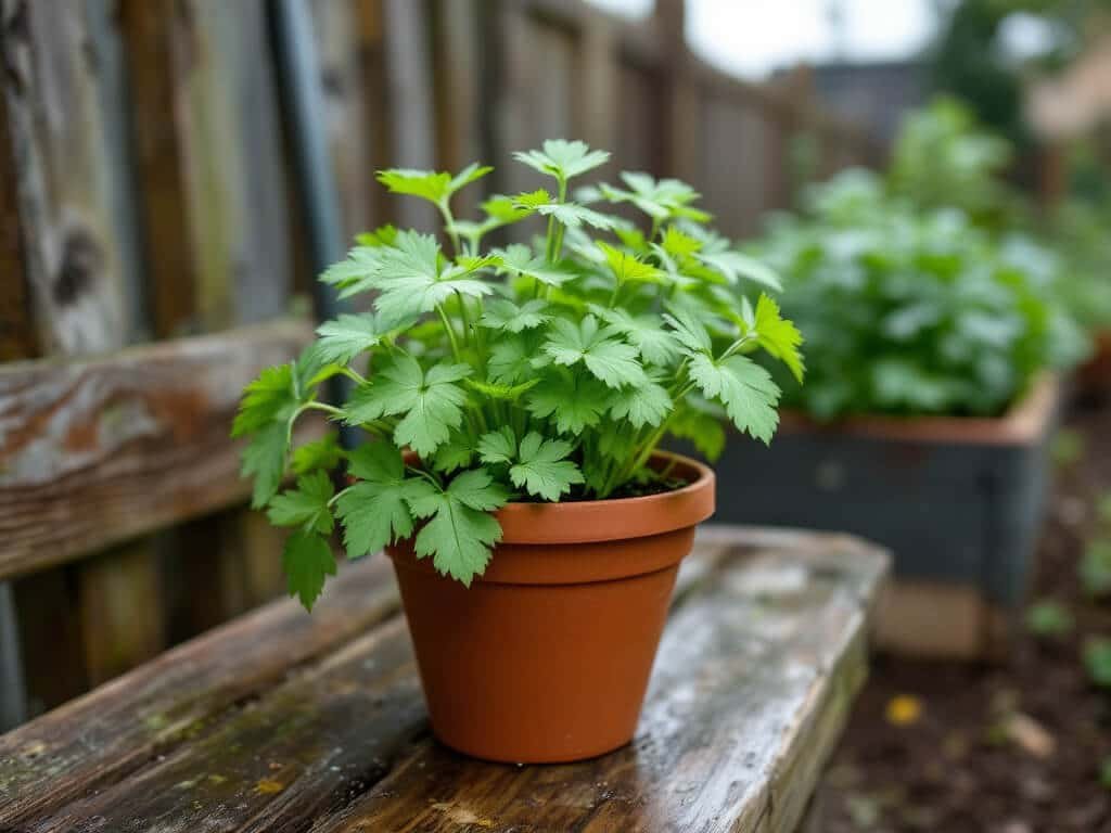 Terracotta pot of young cilantro on a wooden bench beside a garden fence in soft morning light