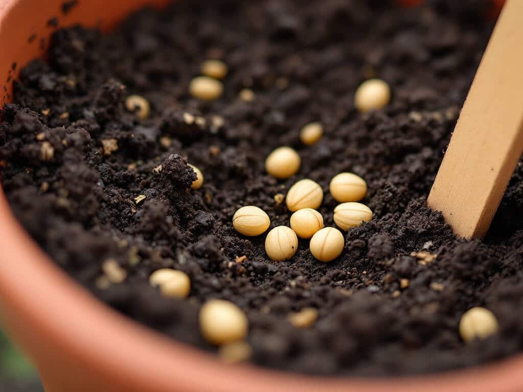 Round tan cilantro seeds in shallow furrows on potting mix in a terracotta pot