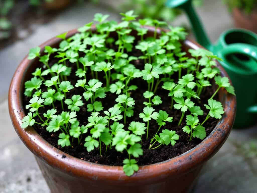 Evenly spaced cilantro seedlings in a wide glazed pot on a patio next to a watering can