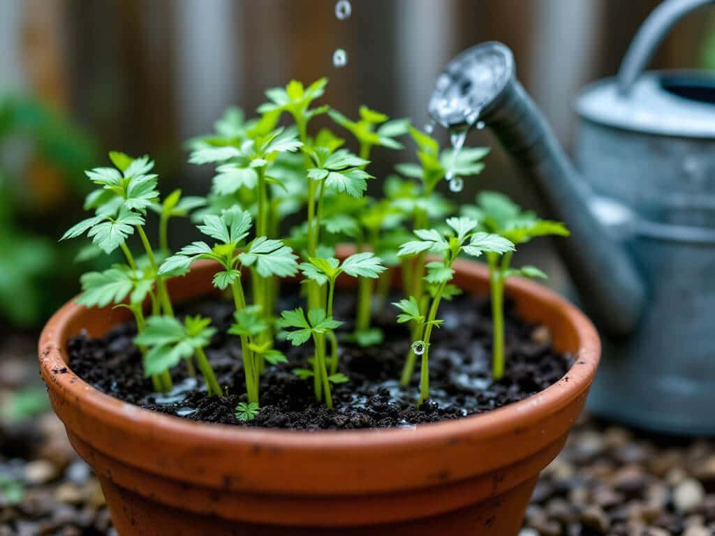 Cilantro seedlings with water droplets in a terracotta pot next to a galvanized watering can
