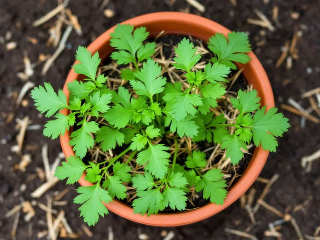 Terracotta pot of cilantro with straw mulch on the mix, set on bare soil in fence shade