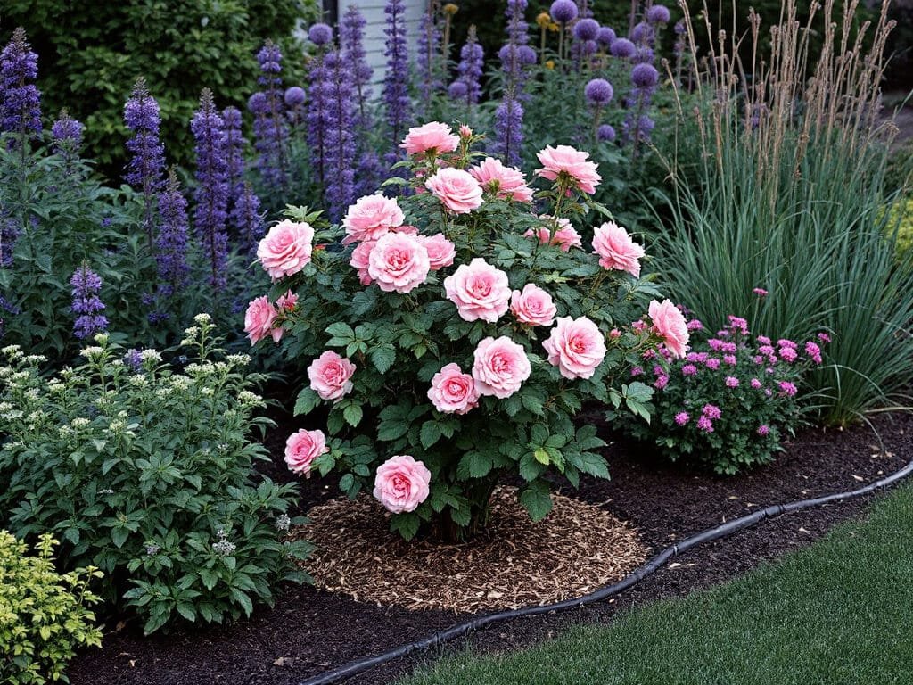 Garden bed with a rose, tall salvia and allium behind, and lady's mantle and chives in front.