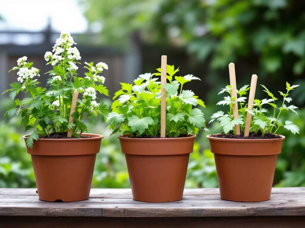 Three pots of cilantro at different stages: bolting, mature leafy, and newly sprouted seedlings