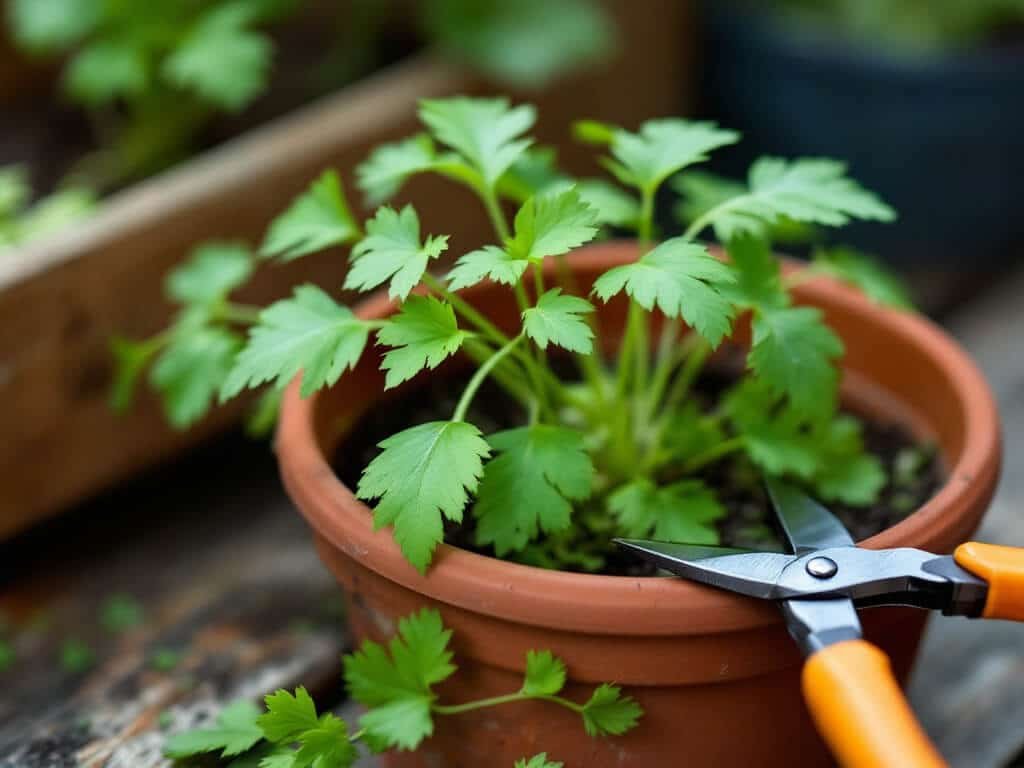 Cilantro plant in a terracotta pot with outer stems snipped and cut sprigs on a bench beside it