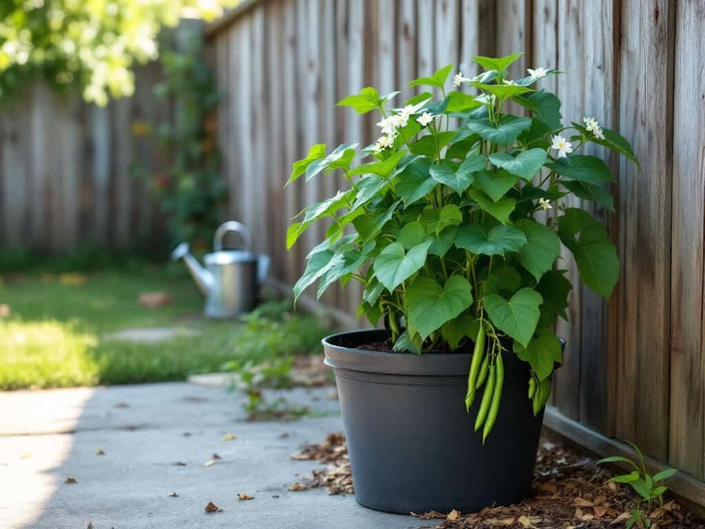 A bush bean plant with white flowers and green pods in a large gray pot on a sunny patio corner by a fence.