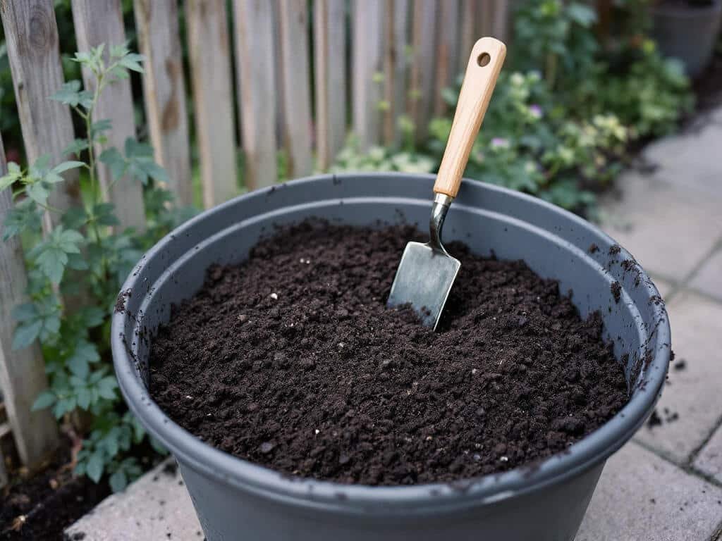 A large gray pot filled with dark potting mix and a trowel, with space below the rim, ready for bush beans.