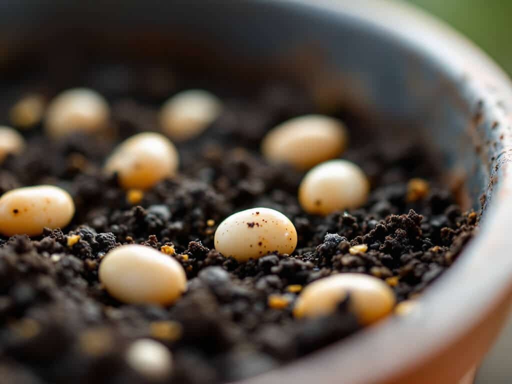 Speckled bush bean seeds set in shallow holes, spaced a few inches apart in dark potting mix in a container.