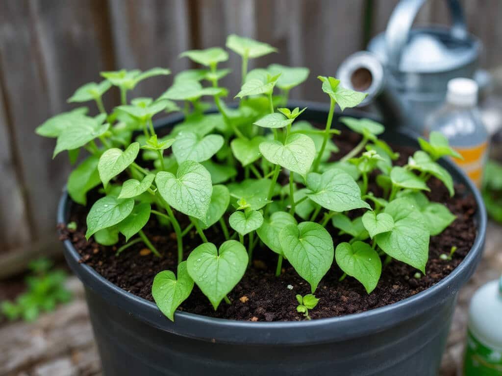 Young bush bean plants with wet leaves in a large pot, with a galvanized watering can beside it.