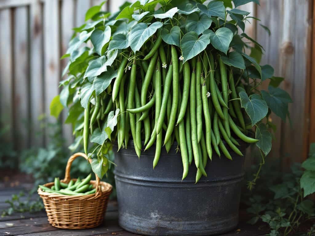 A bush bean plant heavy with green pods in a pot, with a basket of picked beans beside it.