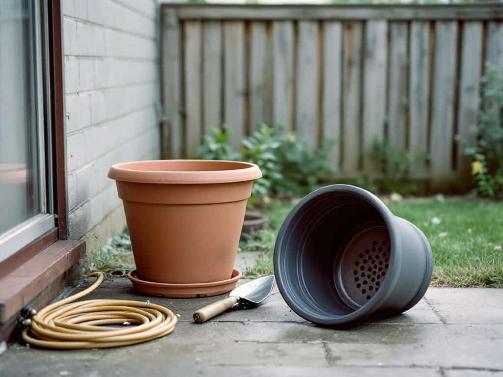 Deep terracotta pot and a tipped plastic pot showing drainage holes, ready for growing Swiss chard on a patio.