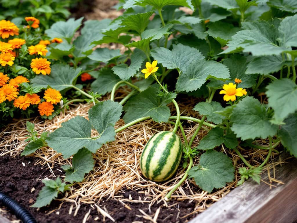 Watermelon vine with a young fruit in a raised bed, edged with marigolds, sweet alyssum, calendula, and basil.