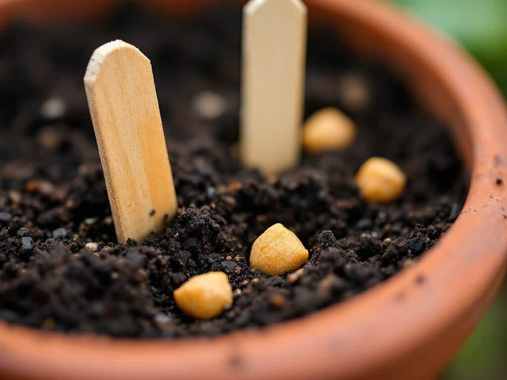 Swiss chard seeds, tan corky clusters, in small holes spaced an inch apart in dark potting mix.