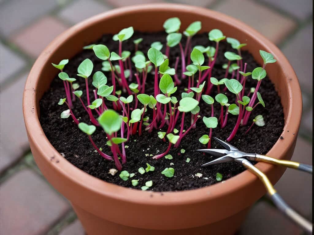 Swiss chard seedlings thinned to even spacing in a terracotta pot, with snipped extras and garden snips nearby.