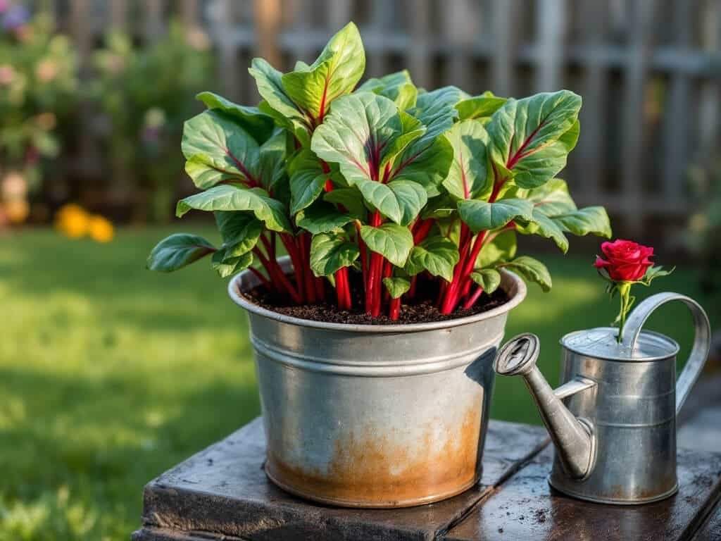 Young Swiss chard with red stems growing in a pot on an open patio beside a watering can with a fine rose.