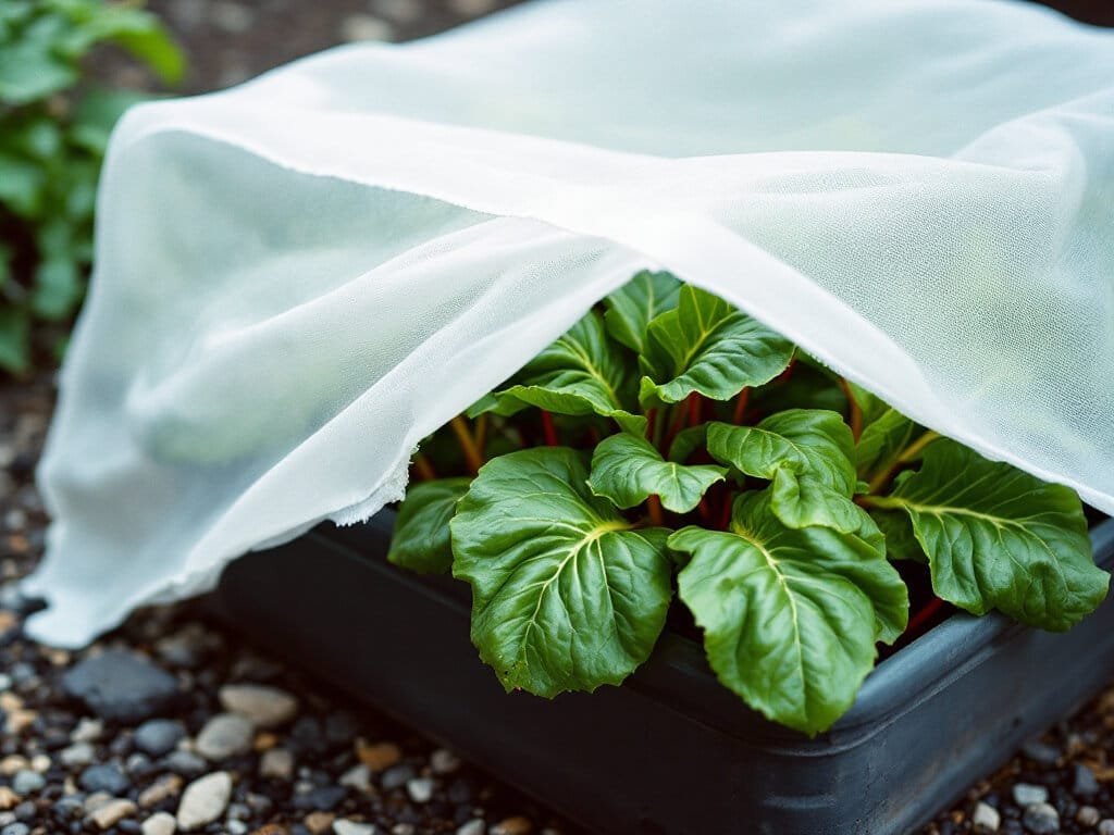 Swiss chard in a container with a white floating row cover folded back to show the plants underneath.