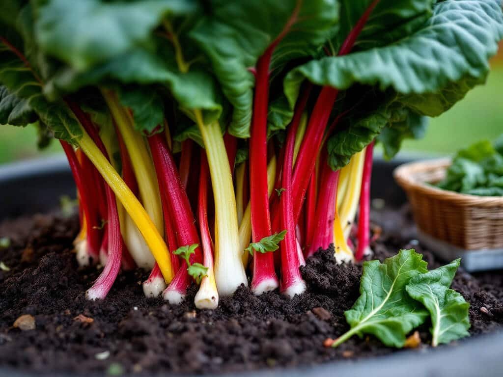 Mature Swiss chard in a pot with outer leaves cut at the base and young center leaves left to keep growing.