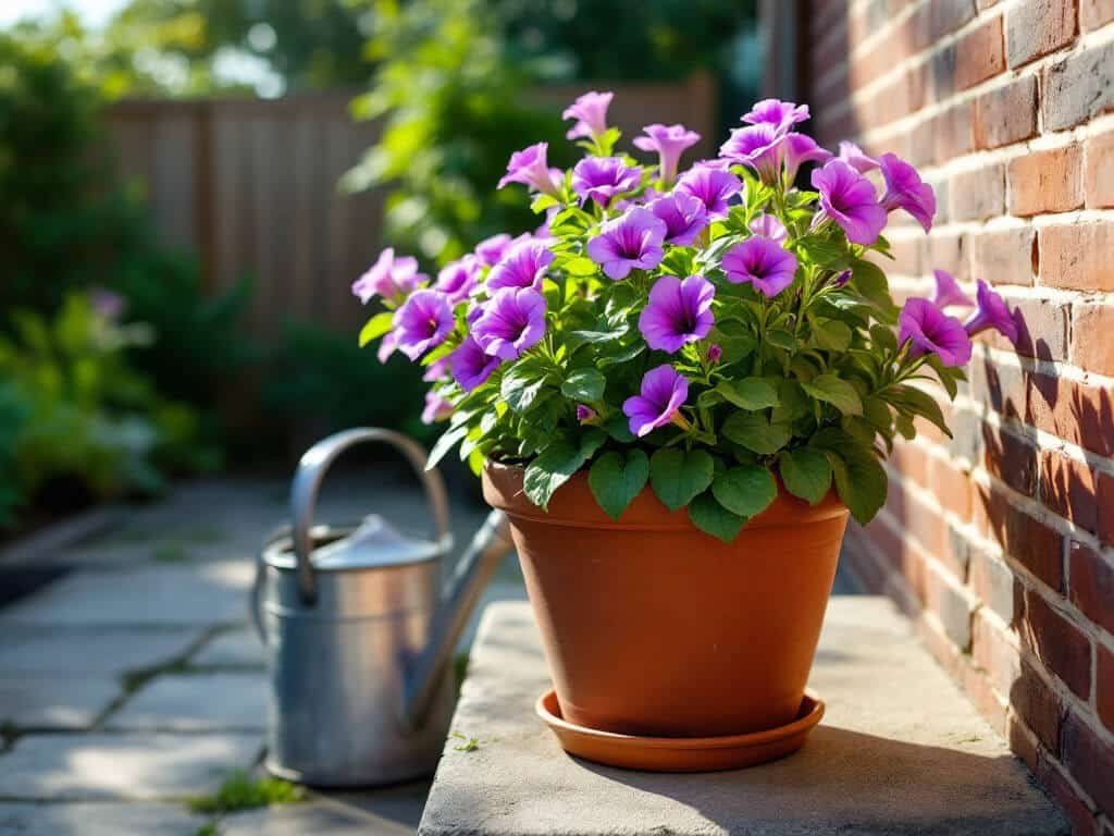 A terracotta pot of purple petunias on a sunny patio step in early-morning light beside a brick wall.