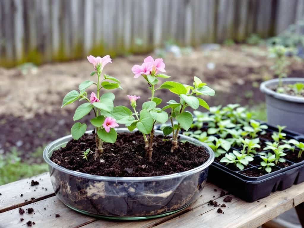 Young pink petunia transplants newly planted in a glazed container next to a tray of seedlings on a bench.