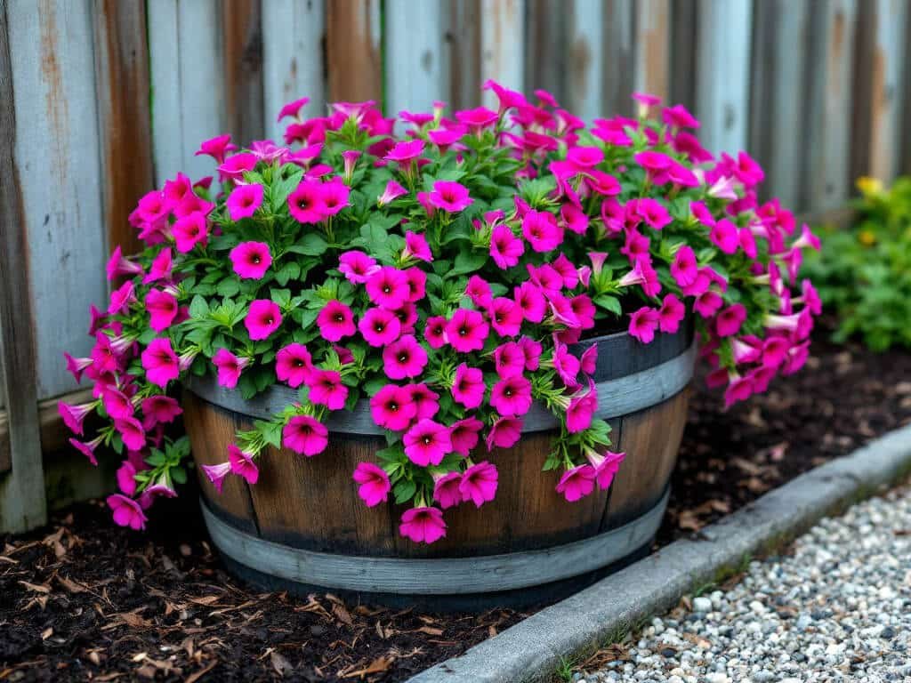 Three trailing magenta petunias spaced in a wooden half-barrel planter, starting to spread over the rim.