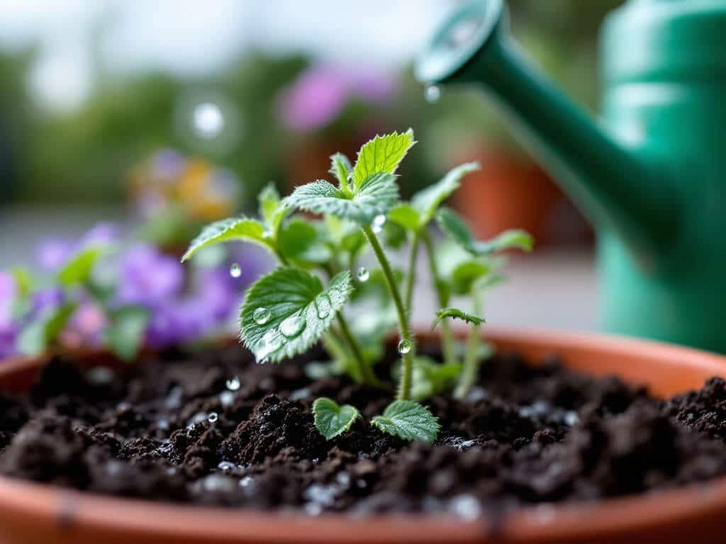 Water droplets on petunia leaves and wet potting mix in a pot, with a watering can blurred behind.