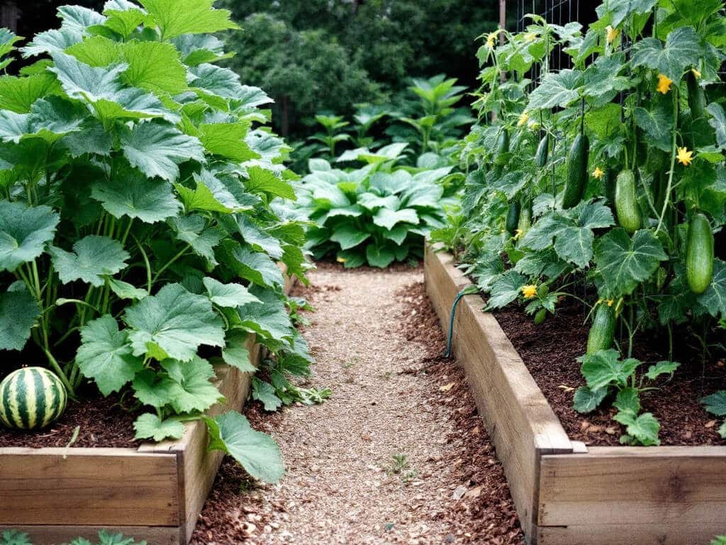 Watermelon, cucumber on a trellis, and zucchini growing in three separate raised beds in a home garden.