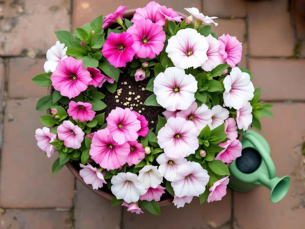 Top-down view of a pot of white and pink petunias with fertilizer granules scattered on the potting mix.