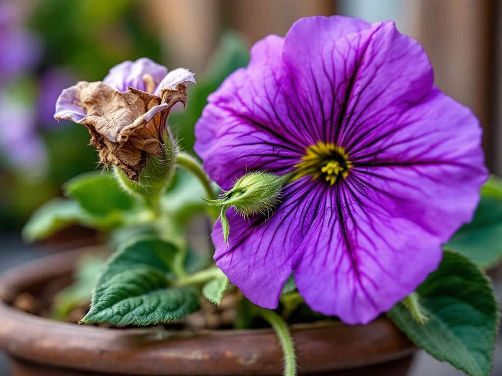 A faded petunia flower with a green seed pod beside fresh violet blooms, with pruners resting on the pot rim.