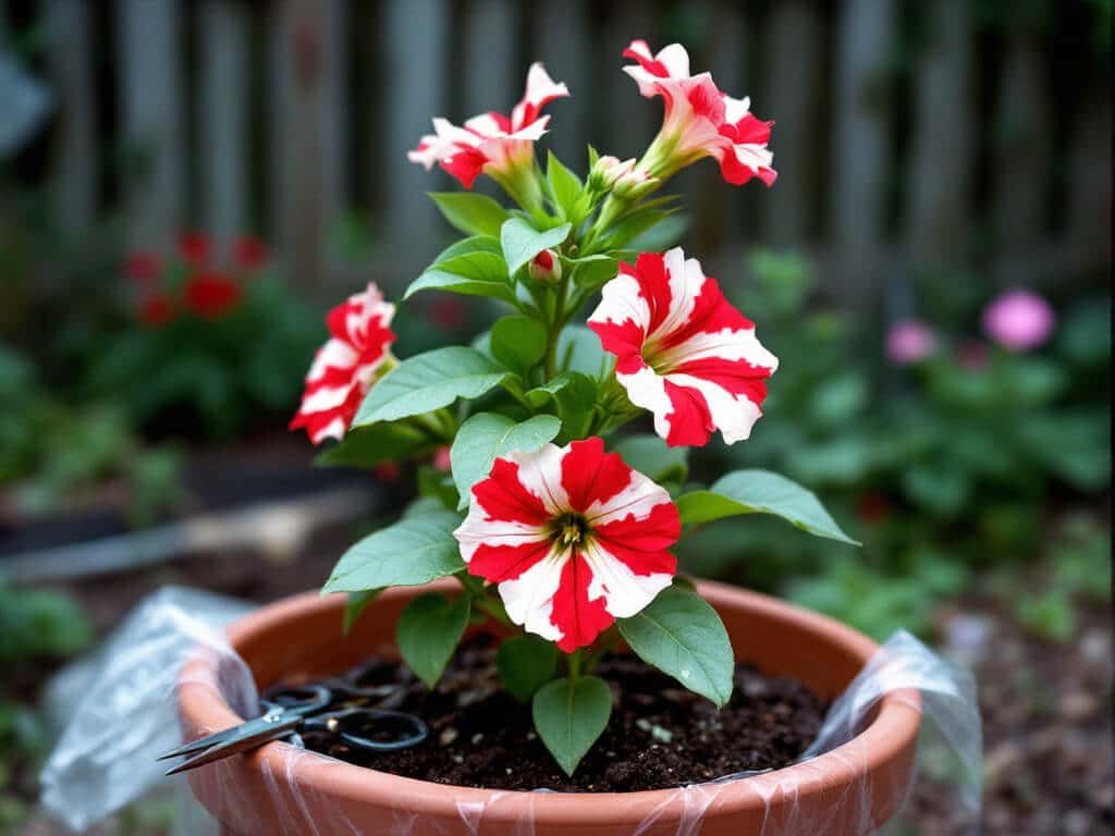 A six-inch grandiflora petunia in a pot with a pinched tip and new side shoots, with scissors on the rim.