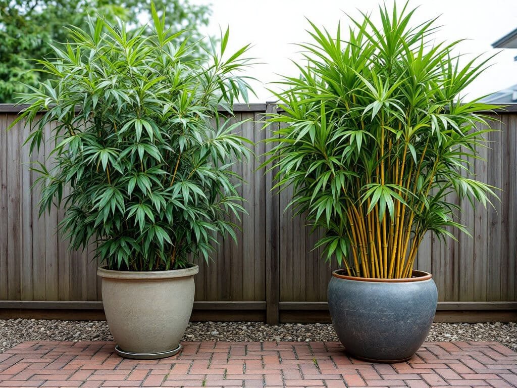Pseudosasa japonica and Bambusa ventricosa bamboo growing in two separate pots on a brick patio.