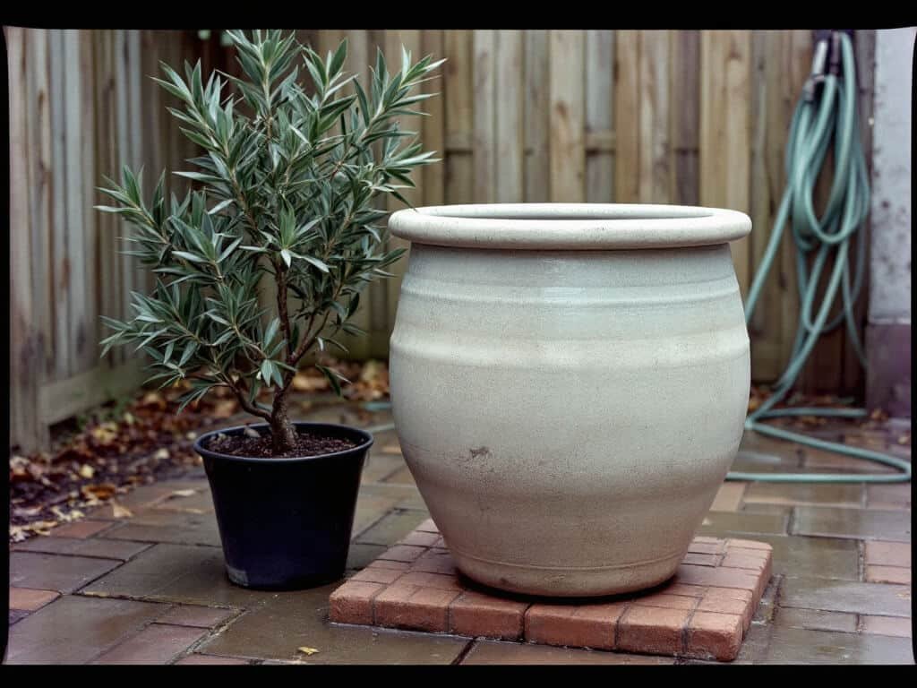 Large empty glazed pot on pavers beside a Pseudosasa japonica bamboo still in its nursery pot.