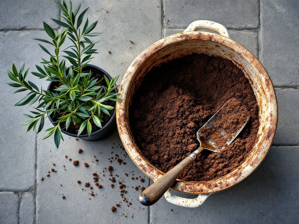 Glazed pot half filled with dark loam-based mix, with a Pseudosasa japonica bamboo in its nursery pot beside it.